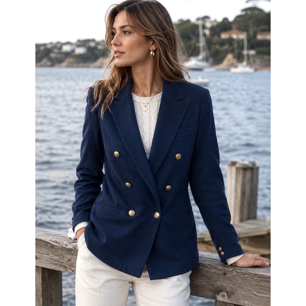 Vintage Dumas Womens Navy Wool Doublebreasted Blazer Size 10 Gold Buttons USA
